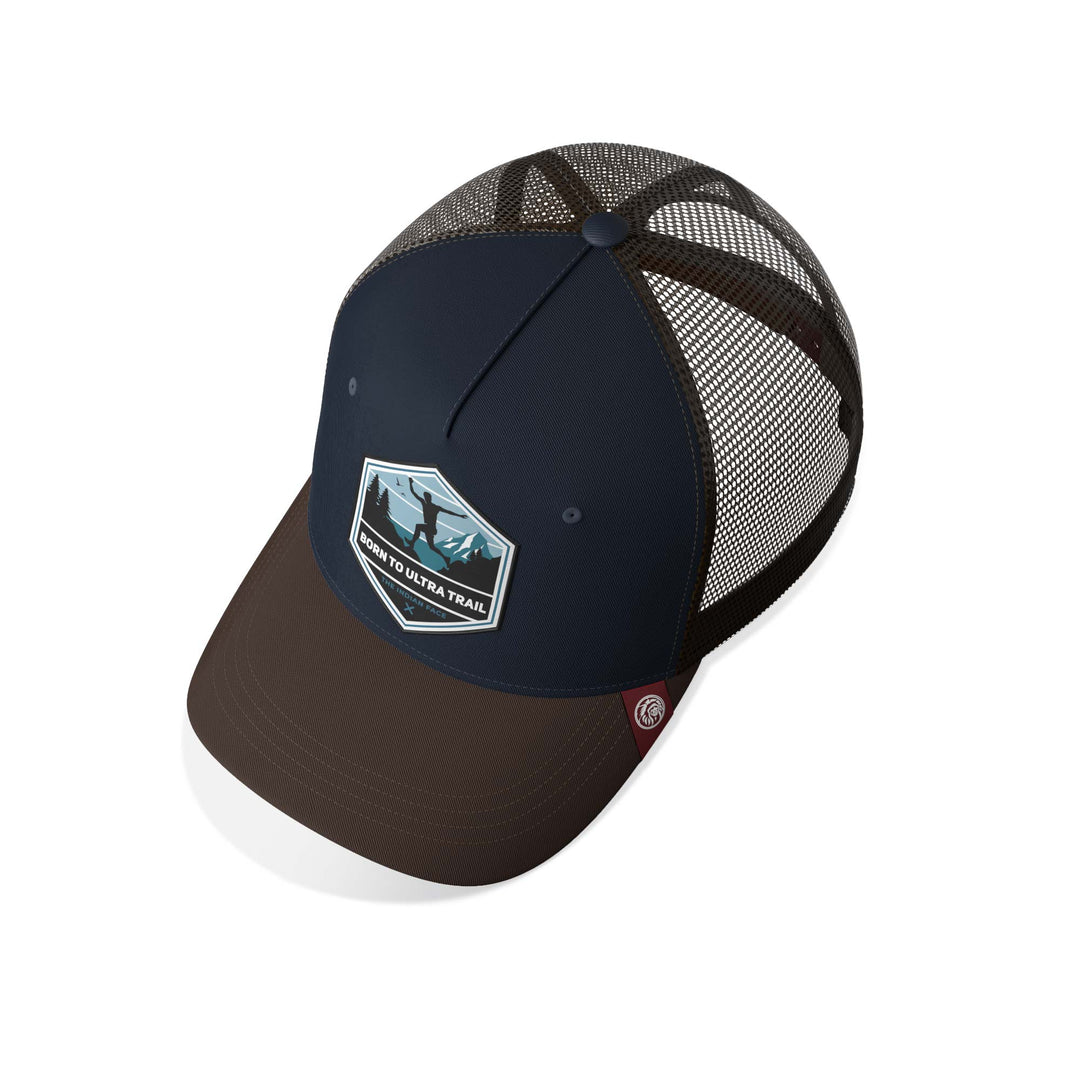 Gorra trucker deportiva unisex para hombre y mujer Born to Ultratrail Blue / Brown