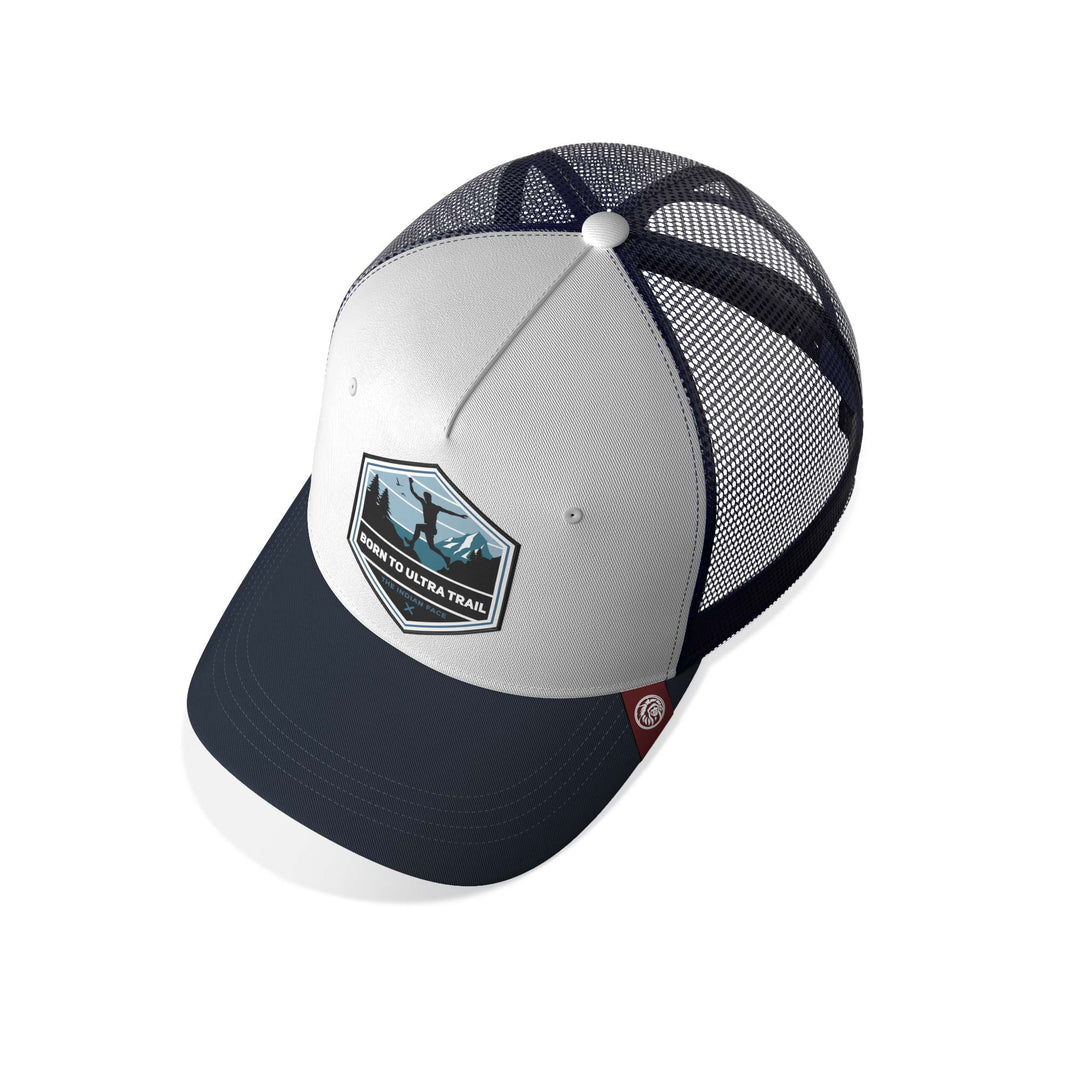 Gorra trucker deportiva unisex para hombre y mujer Born to Ultratrail White / Blue