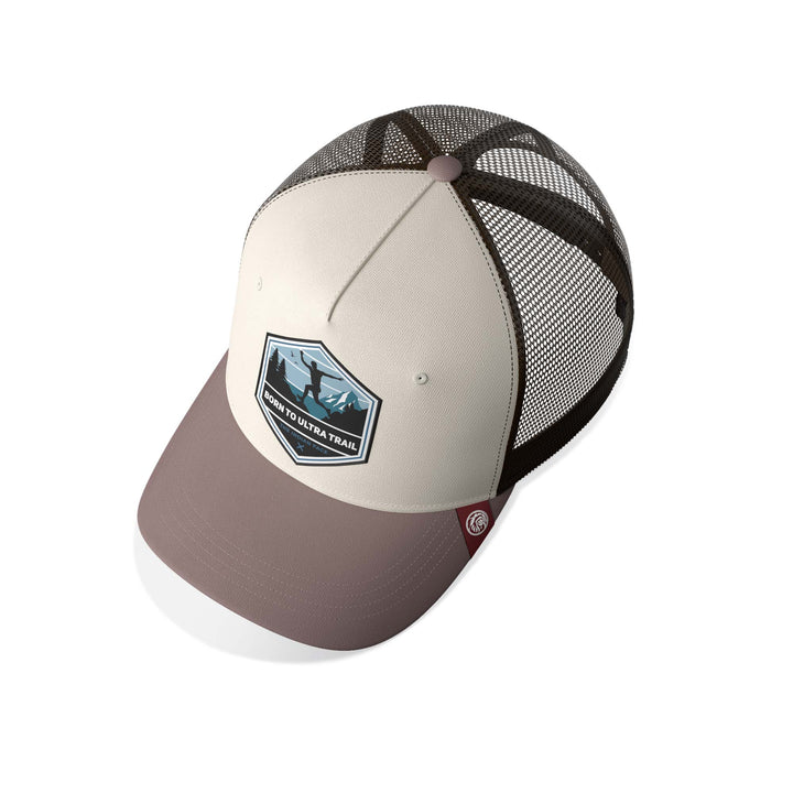 Gorra trucker deportiva unisex para hombre y mujer Born to Ultratrail Brown / Blue / Grey