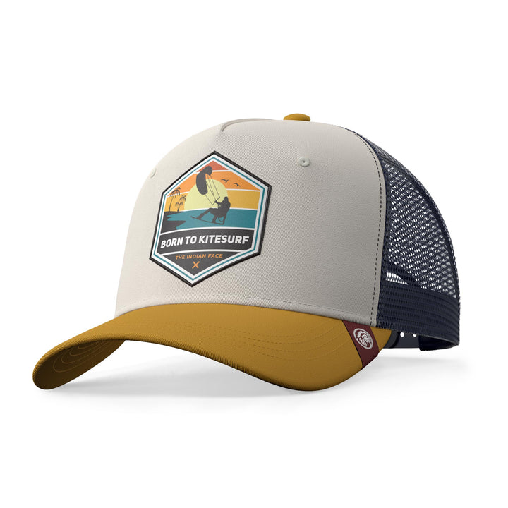 Gorra trucker deportiva unisex para hombre y mujer Born to Kitesurf Brown / Blue / Yellow