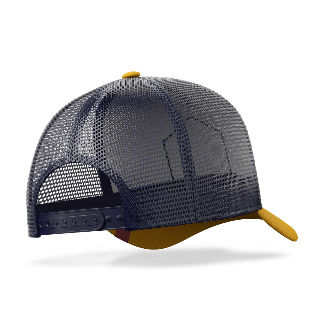 Gorra trucker deportiva unisex para hombre y mujer Born to Kitesurf Brown / Blue / Yellow