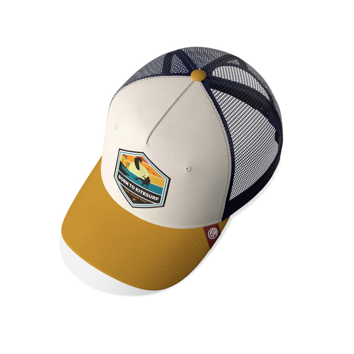 Gorra trucker deportiva unisex para hombre y mujer Born to Kitesurf Brown / Blue / Yellow