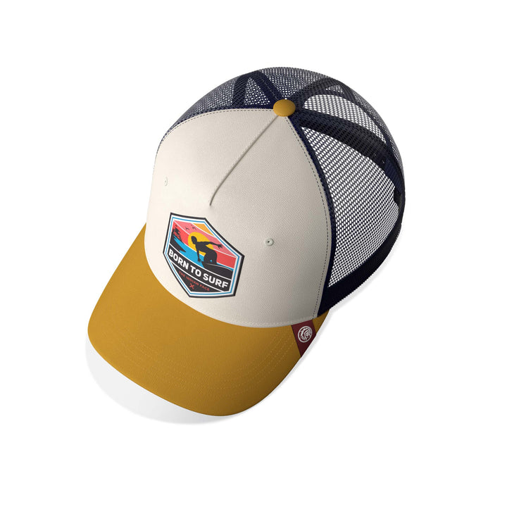 Gorra trucker deportiva unisex para hombre y mujer Born to Surf Brown / Blue / Yellow