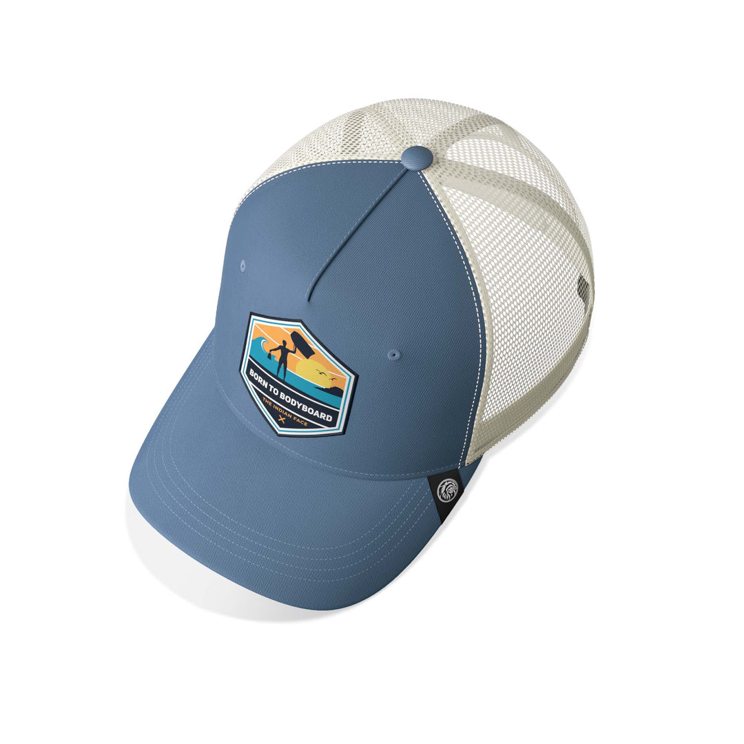 Gorra trucker deportiva unisex para hombre y mujer Born to Bodyboard Blue / White